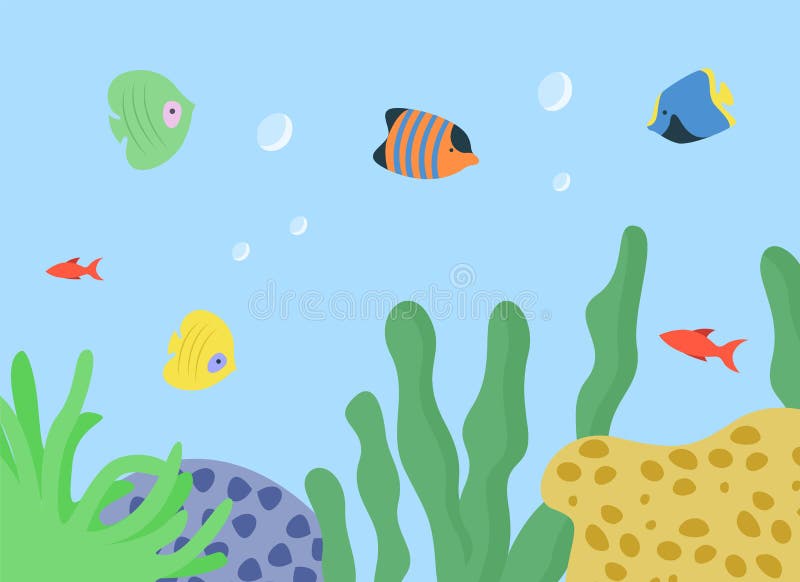 Tropical fish and exotic plants growing underwater vector. Tropics wildlife flora and fauna, seaweed decor aquatic vegetation. Sea water dwellers. Tropical fish and exotic plants growing underwater vector. Tropics wildlife flora and fauna, seaweed decor aquatic vegetation. Sea water dwellers