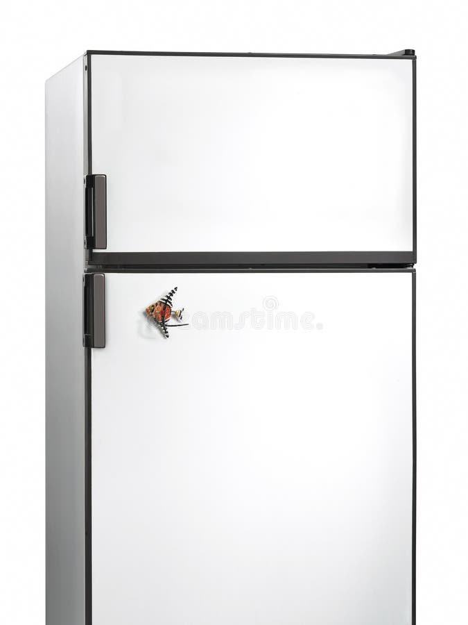 Old fashioned fridge with a fish magnet isolated on white. Old fashioned fridge with a fish magnet isolated on white
