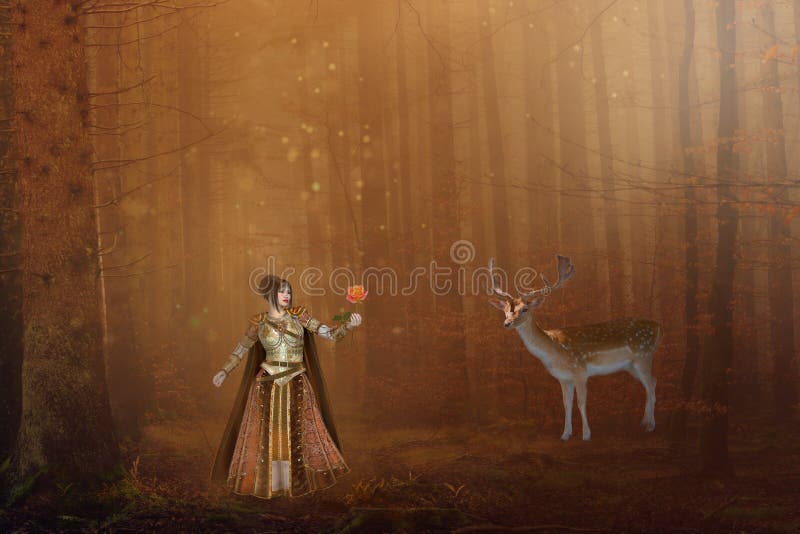 有鹿的幻想女孩在不可思议的森林里 免版税库存图片 有鹿的幻想女孩在不可思议的森林里 免版税库存图片