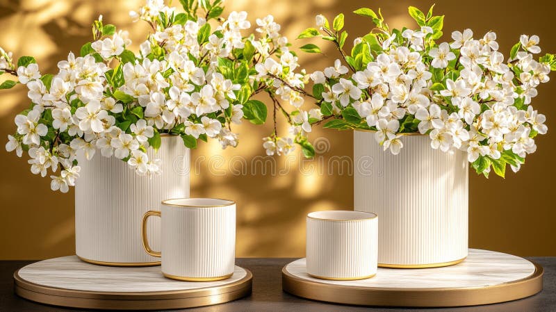 木制展品上镶有金边花瓶和杯子的优雅白色花饰 免版税库存照片