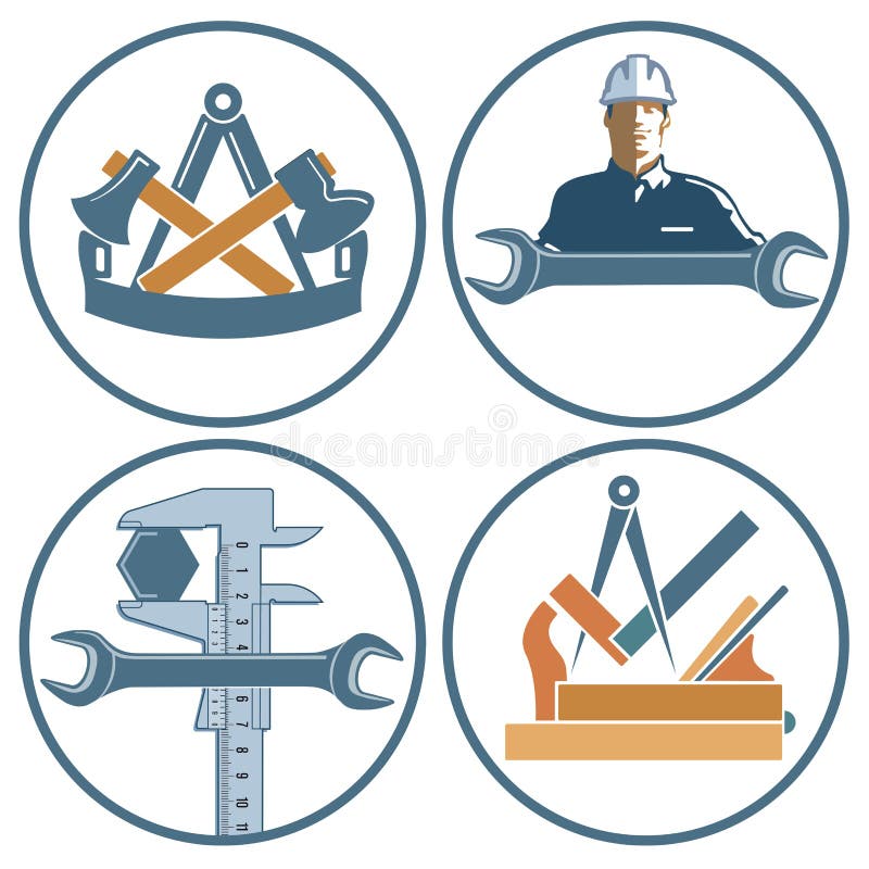 Four icons, one with wood plane and set square for joiners, one with crossed choppers representing locksmiths, and two each including spanners representing engineers and craftsmen, white background. Four icons, one with wood plane and set square for joiners, one with crossed choppers representing locksmiths, and two each including spanners representing engineers and craftsmen, white background.