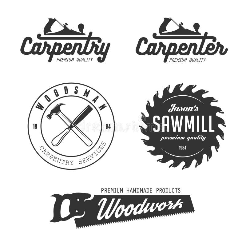 Carpenter design elements in vintage style for logo, label, badge, t-shirts. Carpentry retro vector illustration. Carpenter design elements in vintage style for logo, label, badge, t-shirts. Carpentry retro vector illustration.