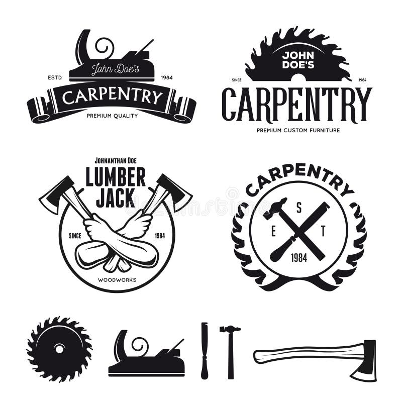 Carpenter design elements in vintage style for logo, label, badge, t-shirts. Carpentry retro vector illustration. Carpenter design elements in vintage style for logo, label, badge, t-shirts. Carpentry retro vector illustration.
