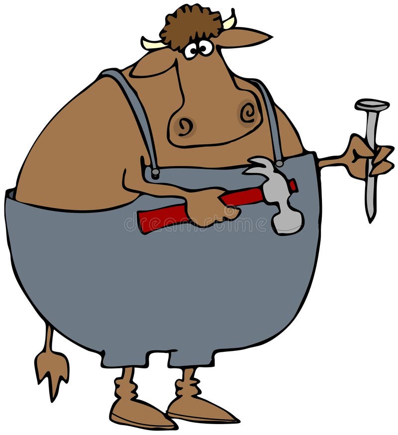 This illustration depicts a cow in coveralls and holding a hammer and nail. This illustration depicts a cow in coveralls and holding a hammer and nail.