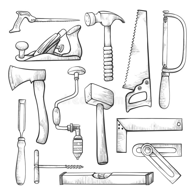 Carpentry professional tools hand drawn illustrations set. Woodwork equipment vector isolated cliparts pack. Craftsman, carpenter items design elements collection. Axe, hammer, saw on white background. Carpentry professional tools hand drawn illustrations set. Woodwork equipment vector isolated cliparts pack. Craftsman, carpenter items design elements collection. Axe, hammer, saw on white background