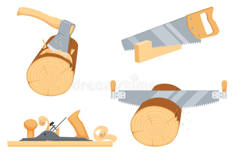 Chopping ax, hack and two handed saw, rasp jack-plane. Repair tool. Joinery, woodcutter, lumberjack, builder or carpenter instruments. Woodworking process vector illustration isolated on white. Chopping ax, hack and two handed saw, rasp jack-plane. Repair tool. Joinery, woodcutter, lumberjack, builder or carpenter instruments. Woodworking process vector illustration isolated on white.