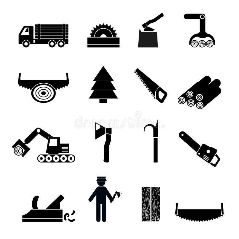 Woodworking industry icons black set with carpenter tree saw isolated vector illustration. Woodworking industry icons black set with carpenter tree saw isolated vector illustration