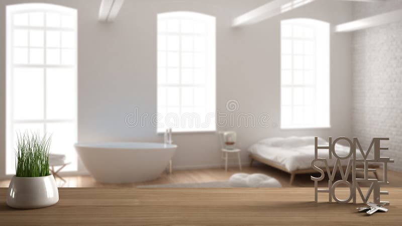 Wooden table, desk or shelf with potted grass plant, house keys and 3D letters making the words home sweet home, over white bedroom with bathtub, architecture interior design, copy space background. Wooden table, desk or shelf with potted grass plant, house keys and 3D letters making the words home sweet home, over white bedroom with bathtub, architecture interior design, copy space background