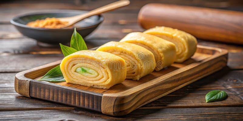 木盘上摆放着美味的金蛋卷. 创成人工智能 库存例证