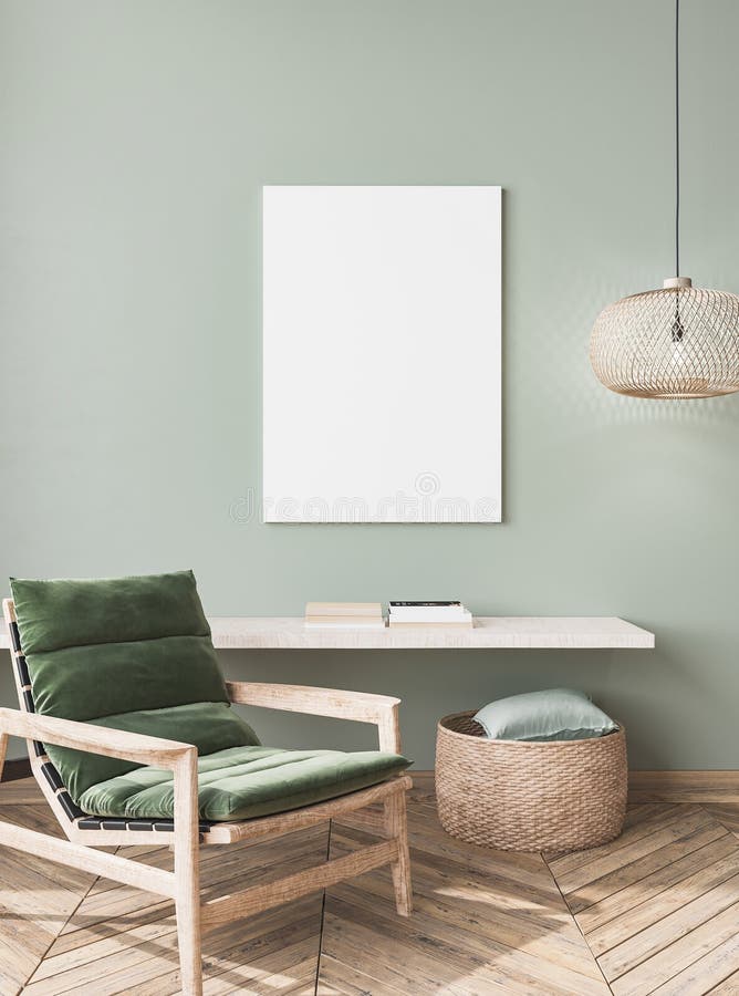 Frame mockup design in wooden green room, farmhouse style, Trendy green armchair and rattan ceiling lamp 3d render. Frame mockup design in wooden green room, farmhouse style, Trendy green armchair and rattan ceiling lamp 3d render