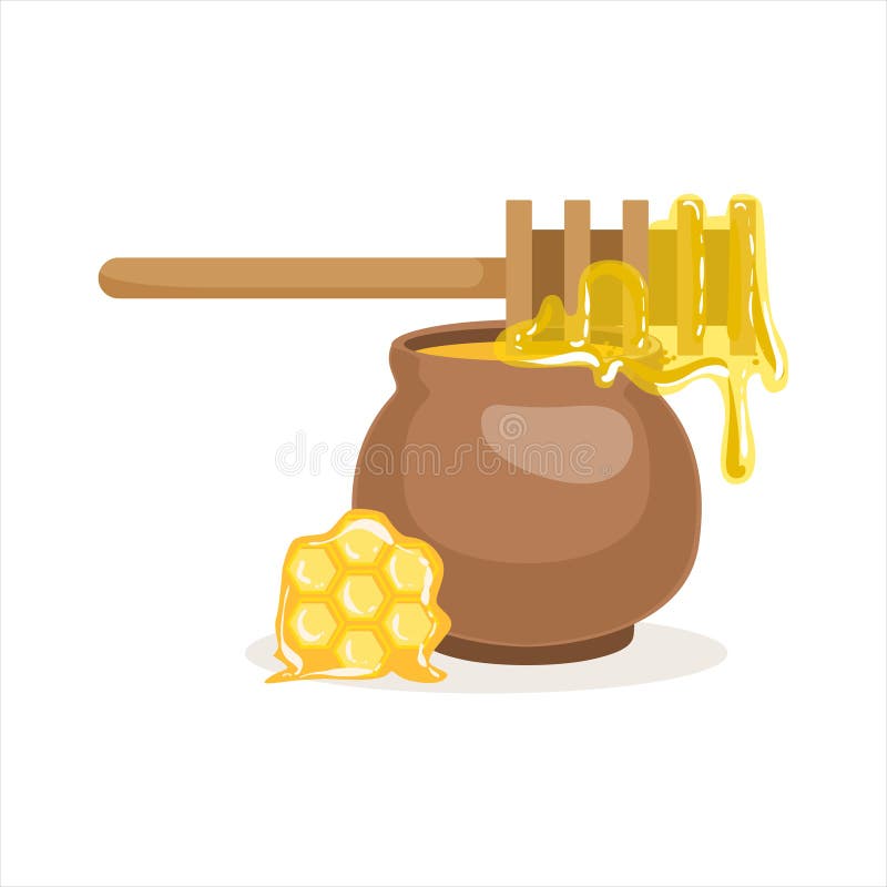 Wooden honey dipper and clay pot vector Illustration isolated on a white background. Wooden honey dipper and clay pot vector Illustration isolated on a white background