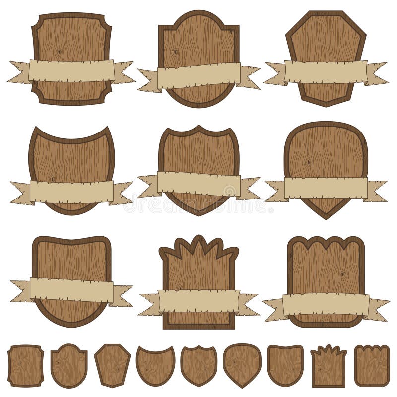 Blank wooden shields with aged ribbons, isolated on white. Blank wooden shields with aged ribbons, isolated on white