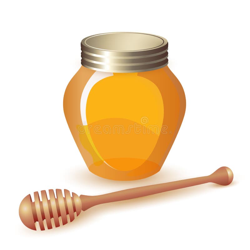 Closed honey jar and wooden dipper isolated on white. Closed honey jar and wooden dipper isolated on white