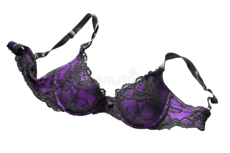 Black and purple lacy push up bra isolated on white background. Black and purple lacy push up bra isolated on white background