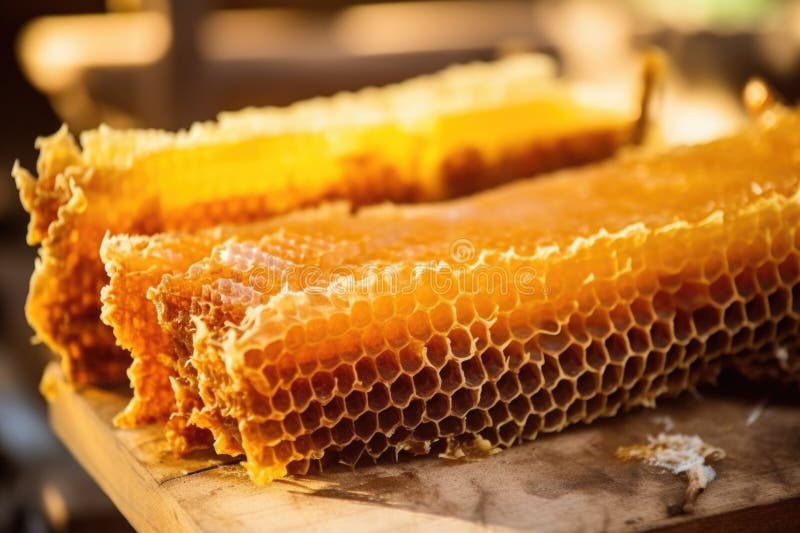 uncapped honeycomb ready for extraction against wood, created with generative ai AI generated. uncapped honeycomb ready for extraction against wood, created with generative ai AI generated