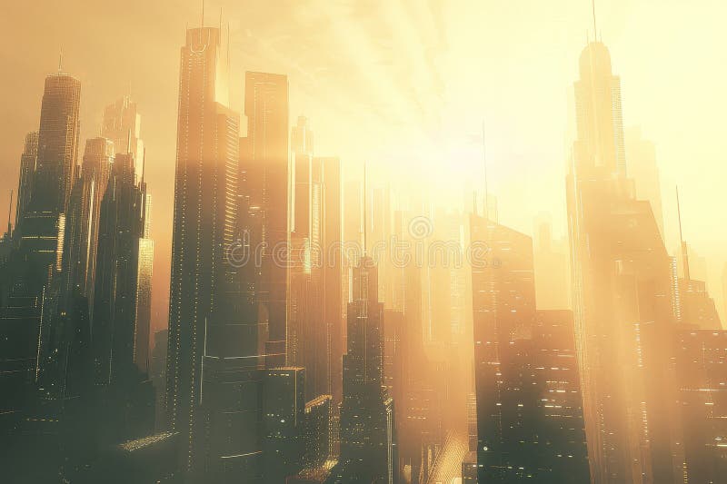 A digital illustration of a bustling futuristic cityscape with towering skyscrapers and flying vehicles. A digital illustration of a bustling futuristic cityscape with towering skyscrapers and flying vehicles.