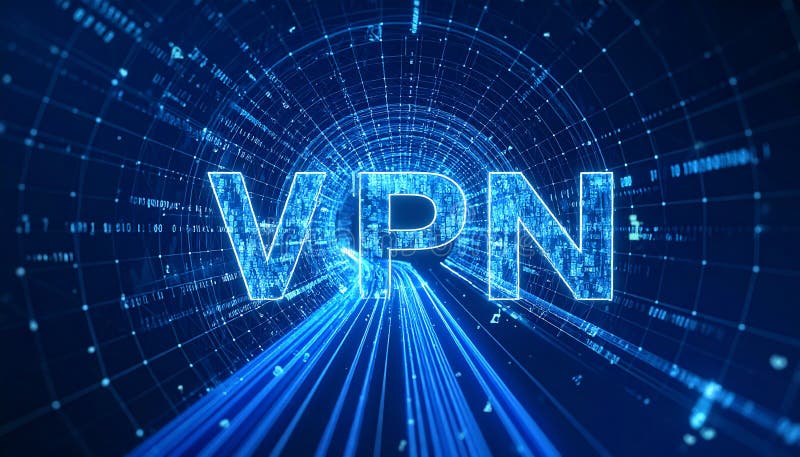 未来的VPN概念. 网络安全加密和在线隐私. 具有发光数据流的数字隧道. 非常适合 库存例证