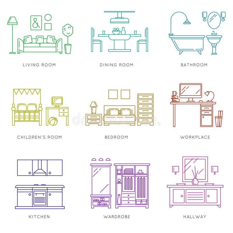 Home rooms interior in linear style. Kitchen bedroom wardrobe dining room. Vector illustration icons set. Home rooms interior in linear style. Kitchen bedroom wardrobe dining room. Vector illustration icons set