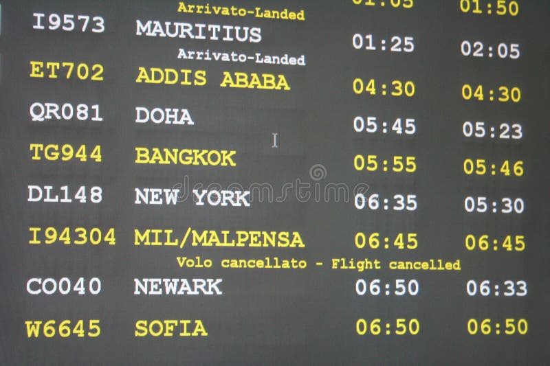 An arrival electronic board in an airport with different destinations and related times. An arrival electronic board in an airport with different destinations and related times.