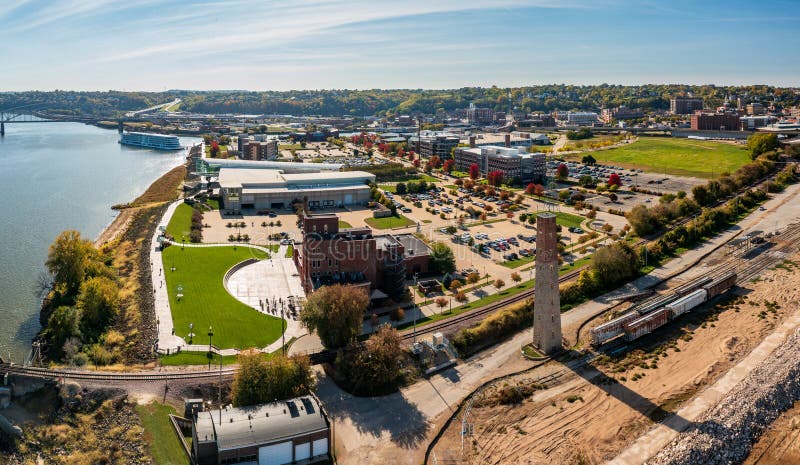 Aerial view of Dubuque in Iowa with historic brewery and modern convention center alongside Mississippi river. Aerial view of Dubuque in Iowa with historic brewery and modern convention center alongside Mississippi river