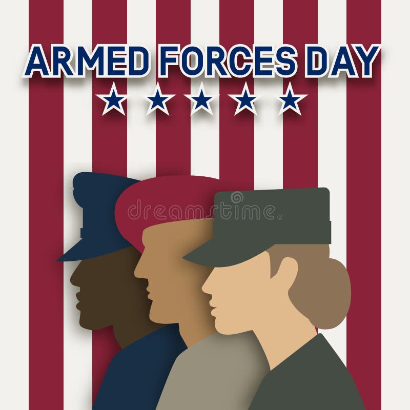 条纹背景中的三名身着制服的士兵 Armed forces day card