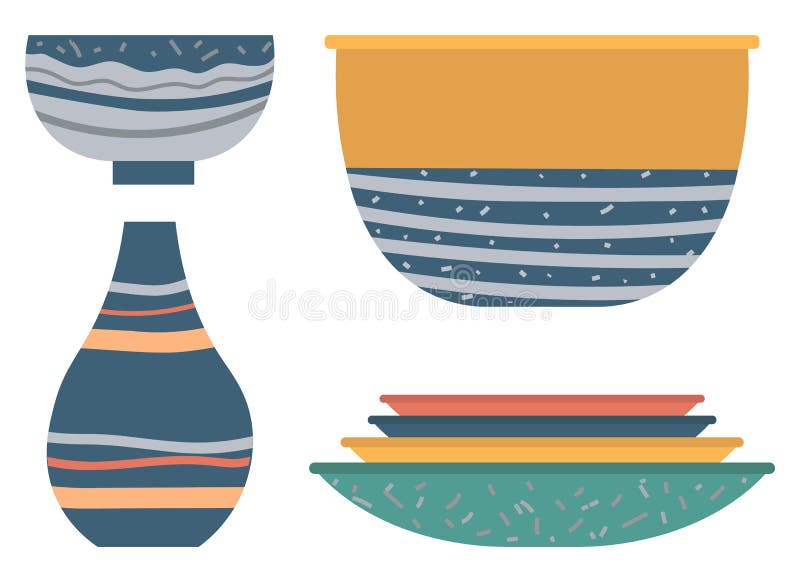 Earthenware vase, soup-plate and bowl decorated by lines and dotted. Handmade and rustic dishware set, plate and ceramic jug on white, rustic dish. Vector illustration in flat cartoon style. Earthenware vase, soup-plate and bowl decorated by lines and dotted. Handmade and rustic dishware set, plate and ceramic jug on white, rustic dish. Vector illustration in flat cartoon style