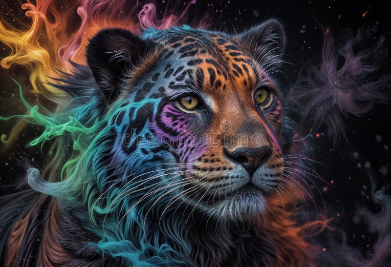 极其逼真的特写：一只凶猛的神秘豹，深色毛皮部分覆盖在旋转的彩虹色粉末中 皇族释放例证