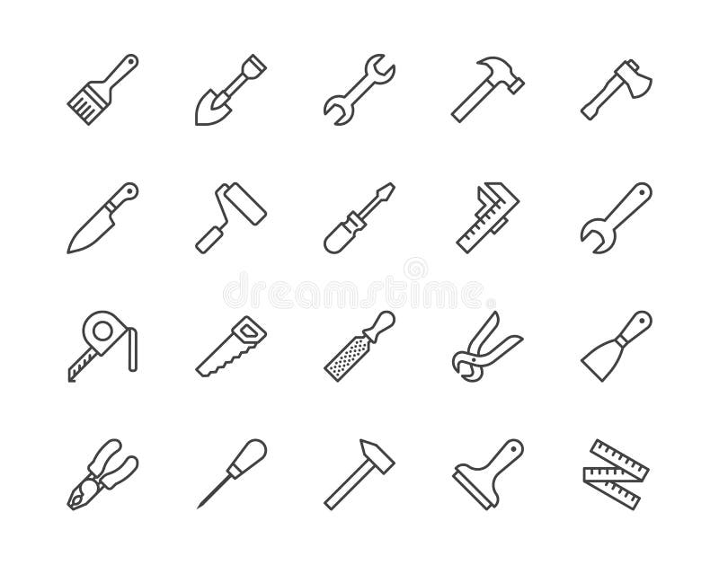 Construction tools flat line icons set. Hammer, screwdriver, saw, spanner, paintbrush vector illustrations. Outline signs for carpenter, builder equipment store. Pixel perfect 64x64. Editable Strokes. Construction tools flat line icons set. Hammer, screwdriver, saw, spanner, paintbrush vector illustrations. Outline signs for carpenter, builder equipment store. Pixel perfect 64x64. Editable Strokes.