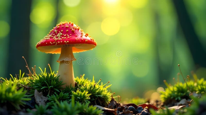 林中日照和自然环境苔藓的红斑蘑菇. 库存图片