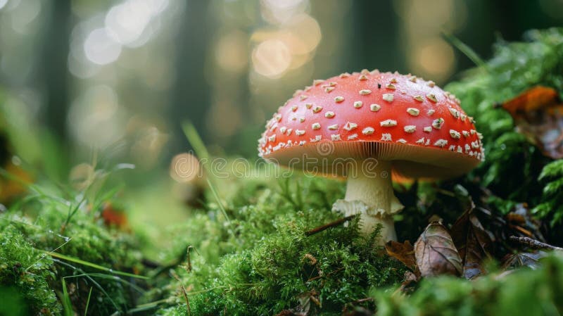 林中红果蘑菇的特写 库存图片