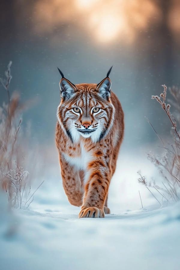 林猫穿过雪林中雄伟的猫，带着引人注目的毛皮和刺眼的凝视，冬季风景柔和的灯光 免版税库存照片