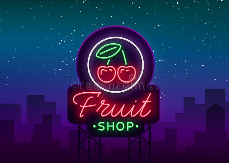 果子商店商标传染媒介 霓虹灯广告,果子销售的明亮的夜生活广告的您的项目 果子商店广告牌 库存例证