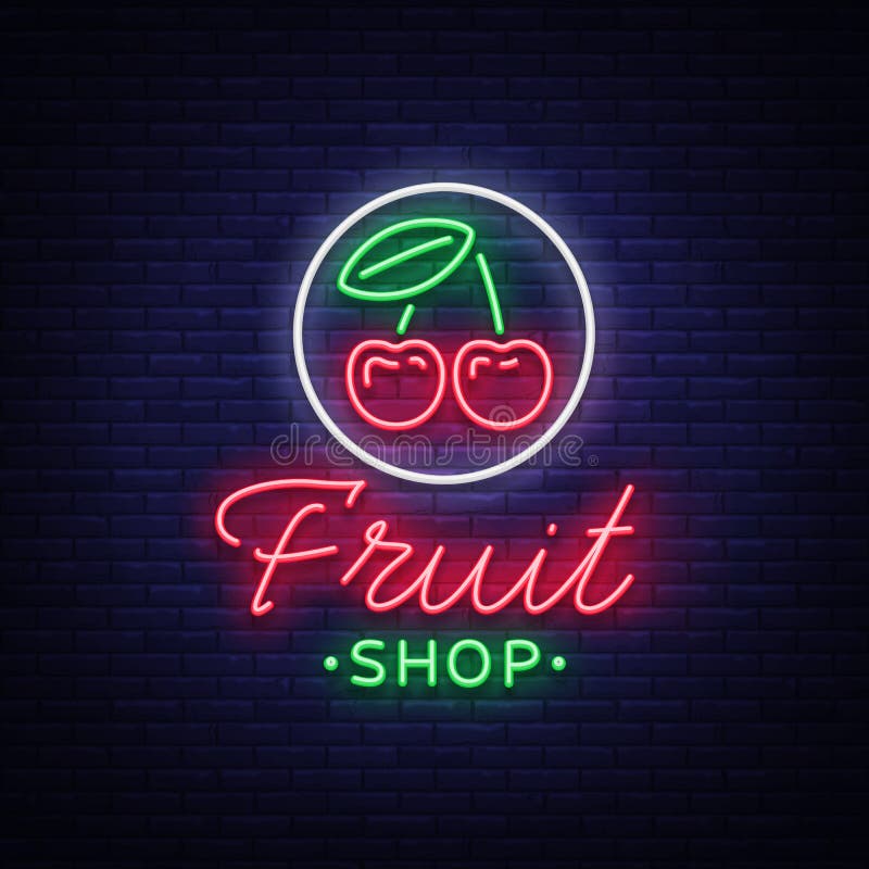 果子商店商标传染媒介 霓虹灯广告，果子销售的明亮的夜生活广告的您的项目 果子商店广告牌 库存例证
