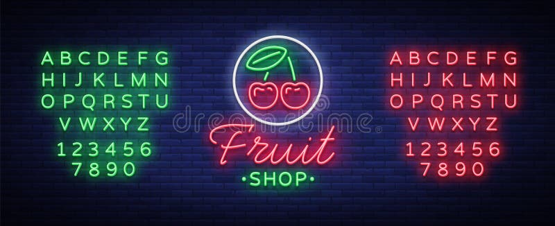 果子商店商标传染媒介 霓虹灯广告，果子销售的明亮的夜生活广告的您的项目 果子商店广告牌 向量例证