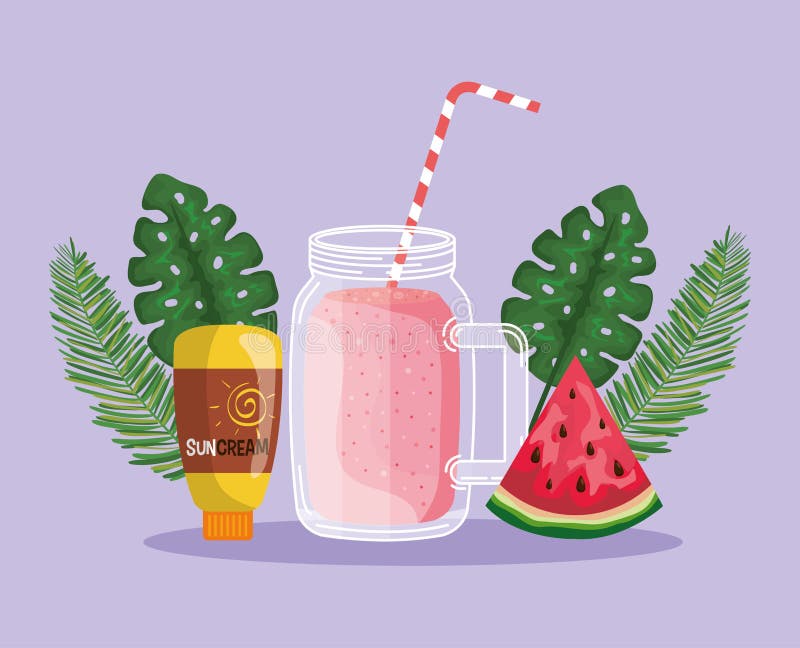 watermelon fruit with smoothie beverage and suncream with leaves to summer time vector illustration. watermelon fruit with smoothie beverage and suncream with leaves to summer time vector illustration