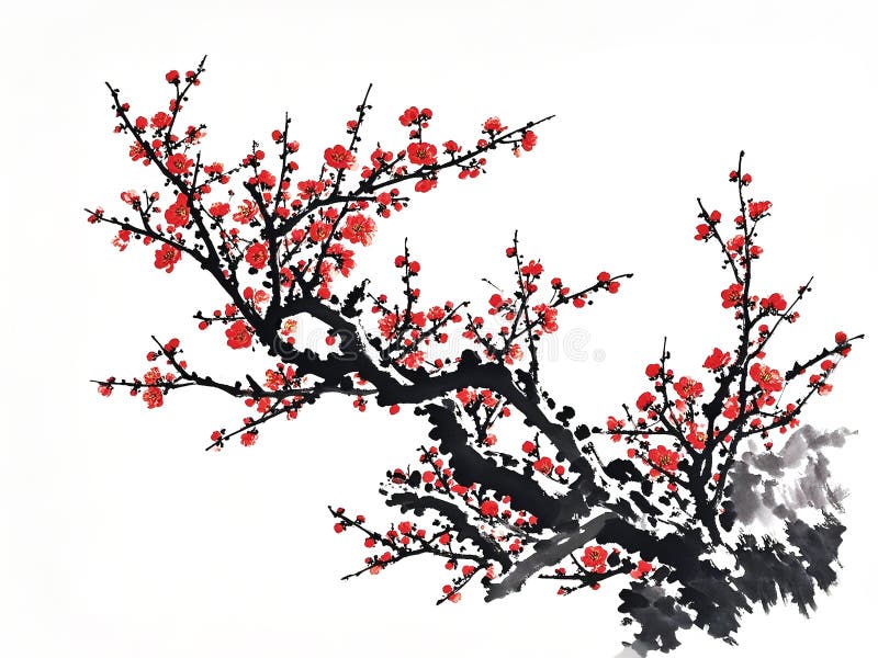 枝上开红梅枝枝枝上枝枝枝枝花的水墨画. 皇族释放例证