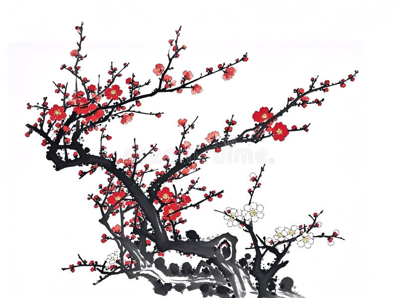 枝上开红梅枝枝枝上枝枝枝枝花的水墨画. 皇族释放例证