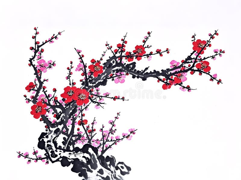 枝上开红梅枝枝枝上枝枝枝枝花的水墨画. 向量例证