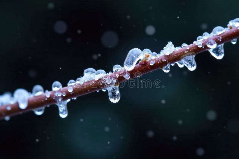 冻结在树枝上的水滴。 树枝特写，一根光秃秃的树枝上覆盖着无数小巧、完美形成的冰晶和冻结的水滴。 冰面闪烁着微妙的光线反射。 向量例证