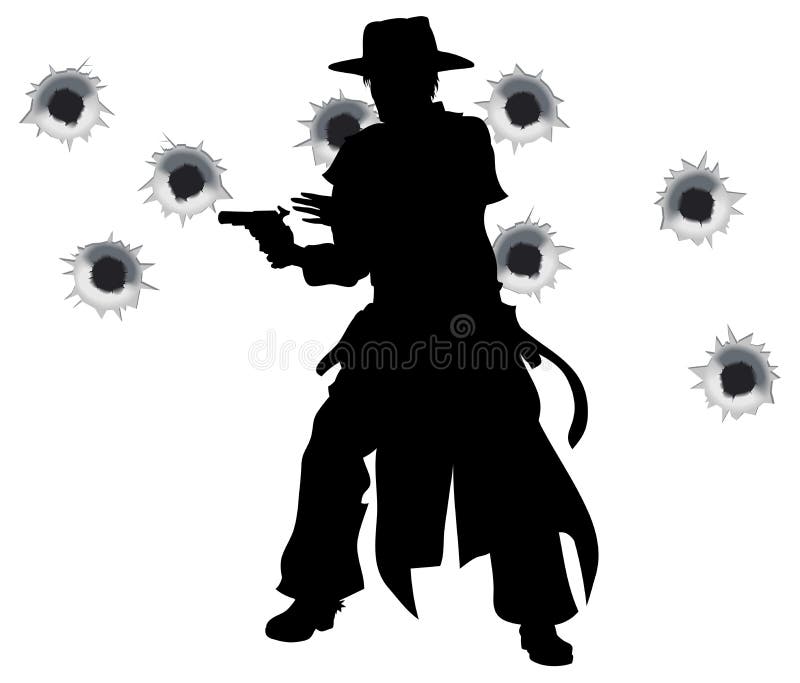 A wild west gunslinger drawing and firing his gun in a shootout with bullet holes in the background. A wild west gunslinger drawing and firing his gun in a shootout with bullet holes in the background