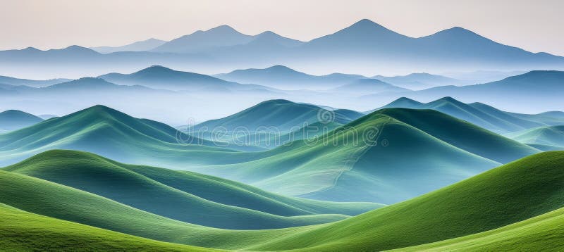 柔和的蓝天下，宁静的春景，在绿色的山丘上滚动，飘浮的圆形波克 向量例证
