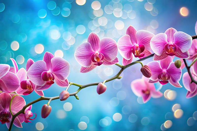 柔和的蓝色波克色背景下的粉色兰花枝，是春装的完美选择 皇族释放例证