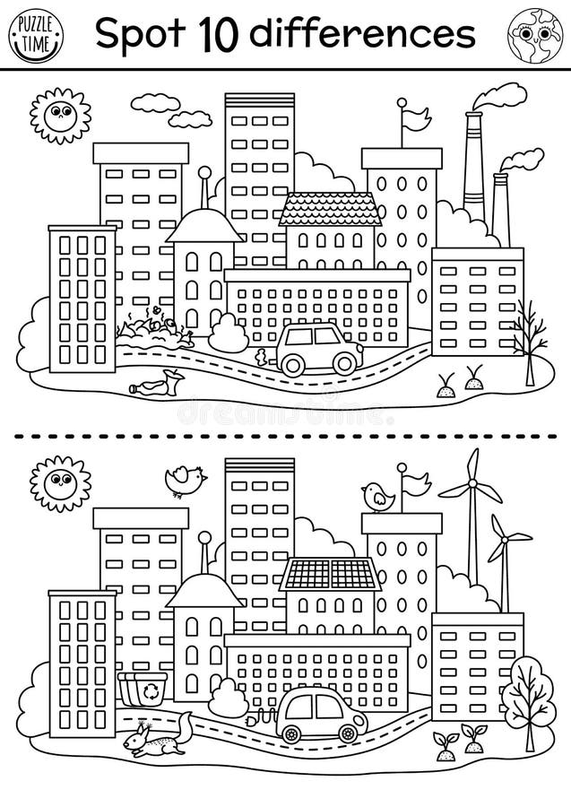 查找差异游戏. 生态城市生态黑白教育活动. 儿童地球日线拼图. 生态 皇族释放例证