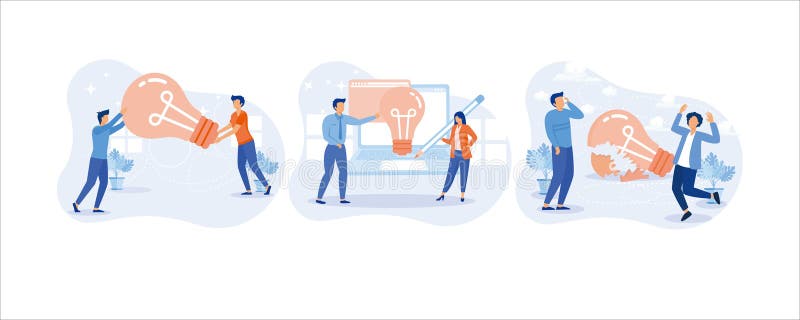 查找插图. 角色站在灯泡旁庆祝成功. 创造创意的人 向量例证