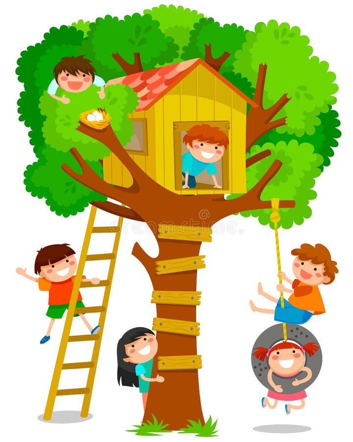 Happy children playing in a tree house. Happy children playing in a tree house