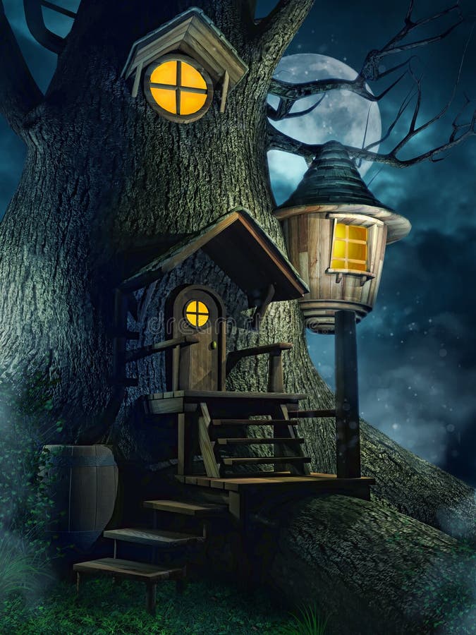 Night scenery with a fantasy tree house. Night scenery with a fantasy tree house