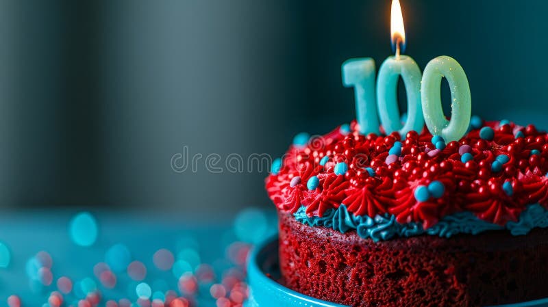 100根蜡烛的红色天鹅绒蛋糕，周围装饰着. 免版税库存照片