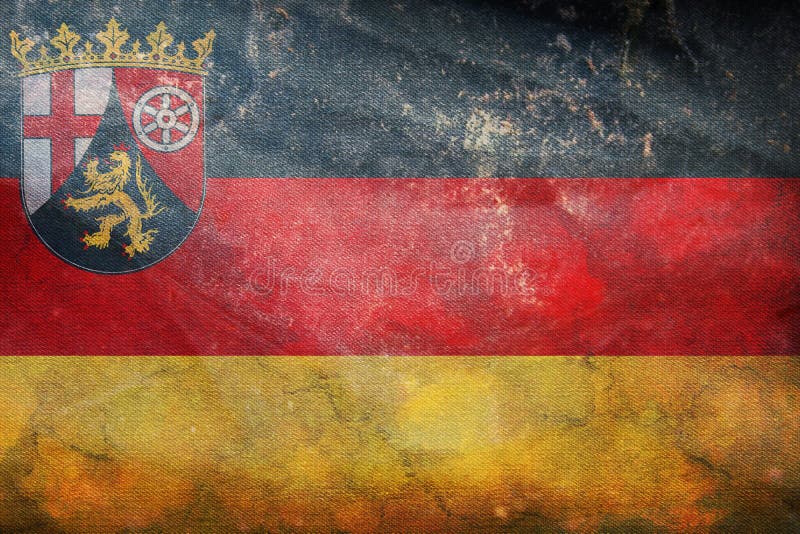 Top view of retro flag of Rhineland Palatinate with grunge texture. Federal Republic of Germany. no flagpole. Plane design, layout, Flag background. Top view of retro flag of Rhineland Palatinate with grunge texture. Federal Republic of Germany. no flagpole. Plane design, layout, Flag background