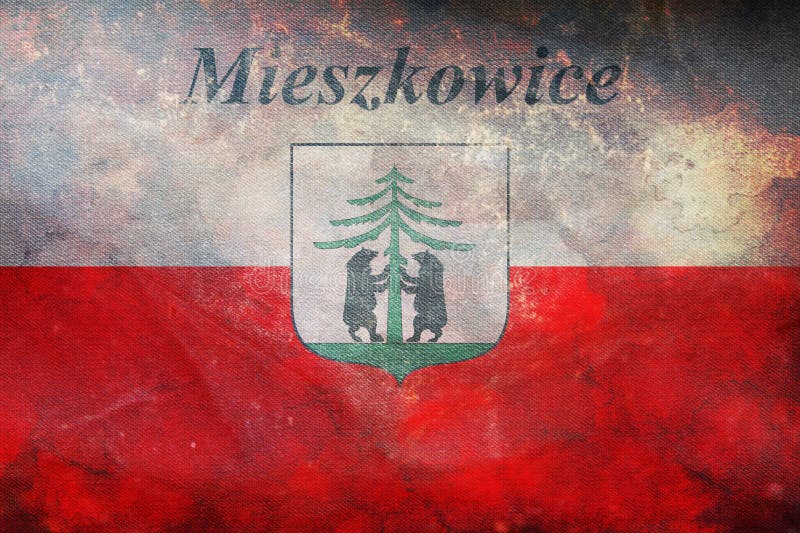 Top view of retro flag Mieszkowice, Poland with grunge texture. Polish travel and patriot concept. no flagpole. Plane layout, design. Flag background. Top view of retro flag Mieszkowice, Poland with grunge texture. Polish travel and patriot concept. no flagpole. Plane layout, design. Flag background