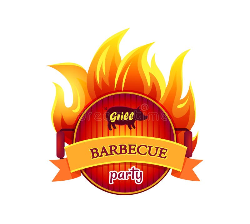 Grill barbecue party hot isolated icon vector. Frying pan fryer with flames fire. Barbeque curved ribbon with text. Dishware for cookout and picnic. Grill barbecue party hot isolated icon vector. Frying pan fryer with flames fire. Barbeque curved ribbon with text. Dishware for cookout and picnic